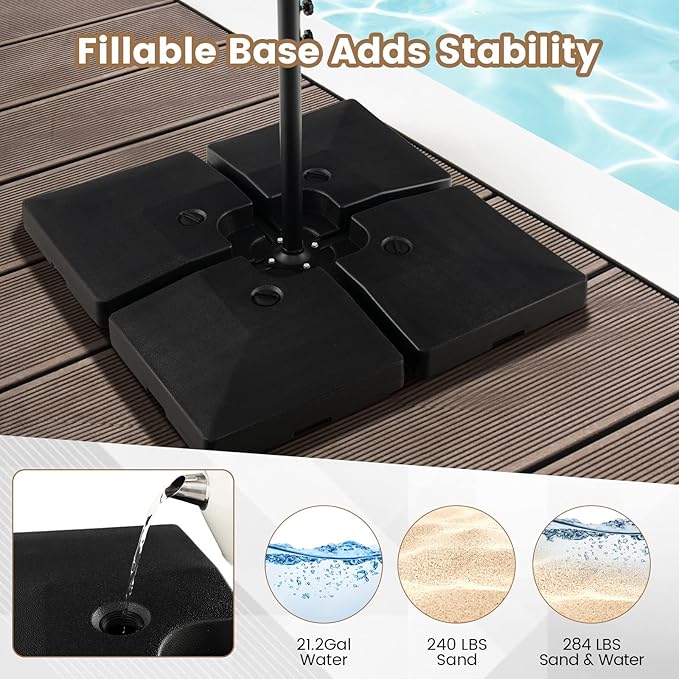 Tangkula 4-Piece 20L Cantilever Offset Patio Umbrella Base, 284 Lbs Heavy-Duty Water & Sand Filled Umbrella Stand, Square Weighted Plate Set with Easy-Fill Spouts, Black TANGKULA