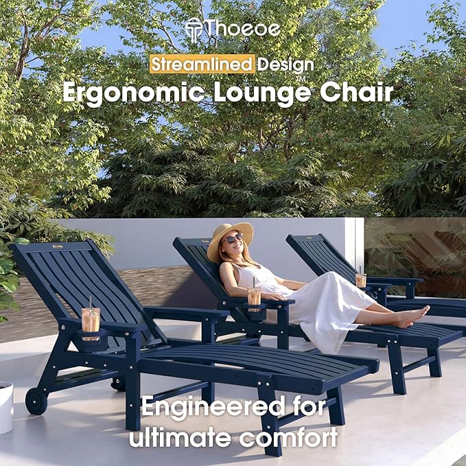 Patio Chaise Lounge Chair Set of 4, Oversized Lounge Chair Outdoor with 5 Positions, HDPE, Patio Lounge Chair with Wheels & Cup Holder for Pool, Deck, Poolside,Navy Blue THOEOE