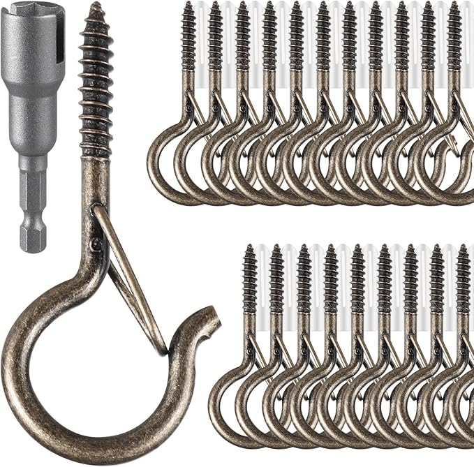 24 PCS Q-Hanger Hooks, Screw Hooks for Outdoor String Lights, Safety Buckle Design Cup Eye Hook for Hanging Christmas Lights, Plants, Mounted on Wall Ceiling, Include 1 Wing Nut Driver, Copper FSAH