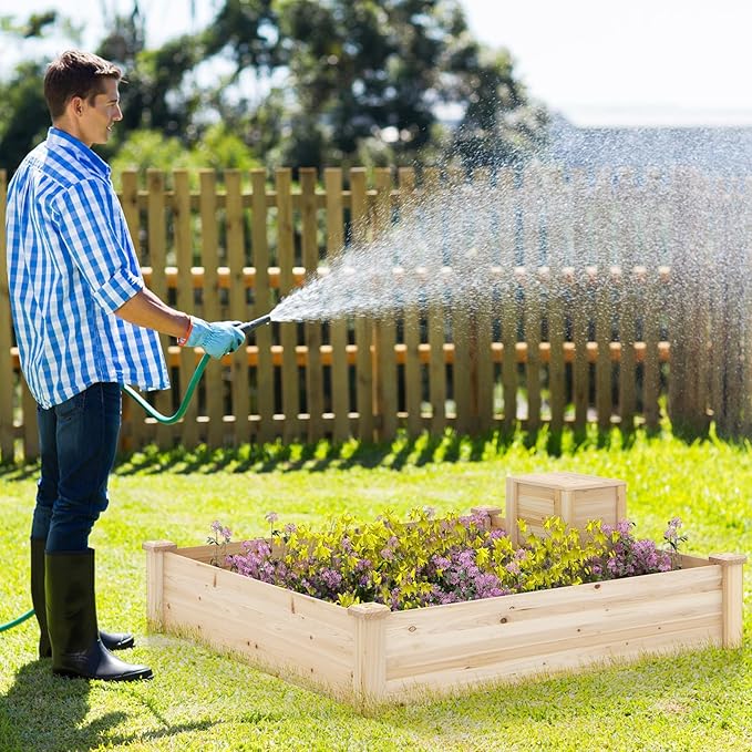 Giantex Raised Garden Bed, 49"x49"x10" Wood Planter Box Kit w/Compost Bin & Open-Ended Bottom for Vegetables, Flowers, Herbs, Fruits, Elevated Square Planting Bed for Patio, Backyard, Garden Giantex