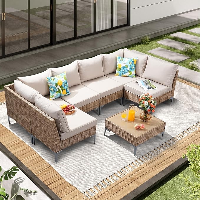 7 Piece Wicker Patio Furniture Set,Outdoor Conversation Sectional Sofa w/Coffee Table,All-Weather Outdoor Sofa with Thick and Anti-Slip Cushions for Deck,Poolside,Garden,Beige JOYURE