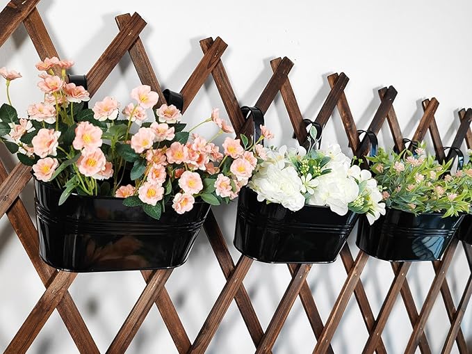 2 Pack Metal Hanging Planter for Outdoor Plants, 10 Inch Black Fence Planters Railing Pots for Garden Patio Balcony Decor, Flower Bucket with Detachable Hooks (Black, 2Pcs) JOYFERNAL
