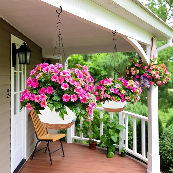 2 Pack 12 Inch Self Watering Hanging Planters for Indoor Plants, Large White Brown Plastic Hanging Pots with Chains for Outdoor Patio Garden Home Decor White Brown zople