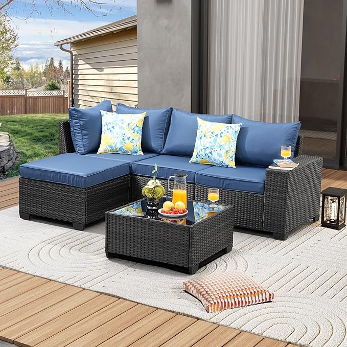 5 Pieces Patio Furniture Set All-Weather Outdoor Wicker Sectional Conversation Sofa Rattan Patio Seating Sofa with Cushion and Glass Table and Ottoman for Porch Poolside,Navy JOYURE