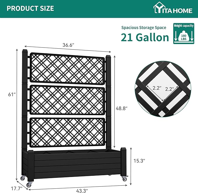 YITAHOME 43.3x17.7x61 in Planter Trellis Box with Wheels & Drain Plug, Outdoor Resin Raised Garden Bed for Climbing Plants, Large Weather-Resistant Design, Black YITAHOME
