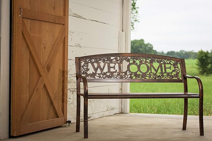 Leigh Country Metal Outdoor Bench, Welcome Design, Decorative Patio Seating for Porch/Deck LeighCountry