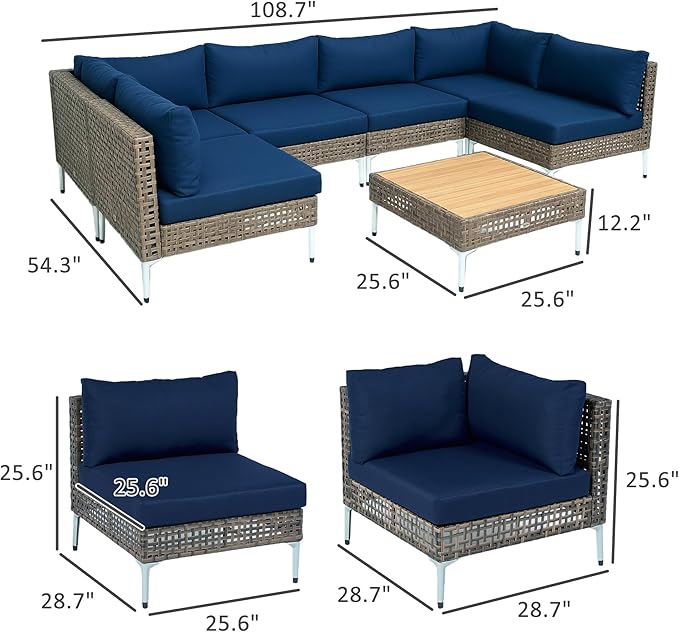 Outsunny 7 Piece Wicker Patio Furniture Set, Modular Outdoor Sectional with Thickened Cushions, Rattan Outdoor Furniture Conversation Set with Slatted Acacia Wood Table for Backyard, Brown/Dark Blue Outsunny