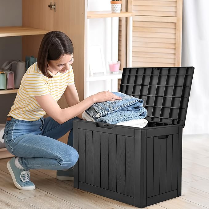 YITAHOME 30 Gallon Deck Box Outdoor Storage Box, Waterproof Resin Package Delivery and Storage Box with Lockable Lid for Patio Furniture Cushions, Pool Accessories, Garden Tools, Black YITAHOME