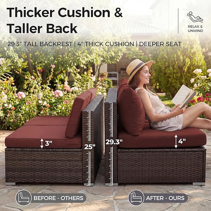 NICESOUL 7 Piece Outdoor Sofa Sectional with Firepit Natural Gas & Propane, Extra Large Patio Furniture Set for Heavy People, Deep Modular Wicker Conversation Sitting, Brown Rattan and Red Cushion NICESOUL