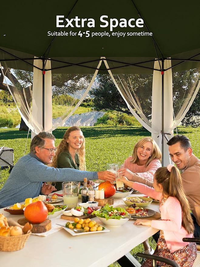 Garvee Pop Up Gazebo Screen Tent,Hexagonal Instant Gazebo Tent with Mosquito Netting Outdoor Canopy,6 Sided Sun Shelter 13x13ft with Mesh Netting,Pavilion Tents for Patio,Green+Beige Garvee