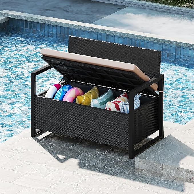 RELAX4LIFE Wicker Outdoor Bench with Storage - Rattan Deck Box w/Protective Liner for Pillows, Pool Supplies, Garden Tools, Patio Loveseat with Seat Cushion & Metal Armrests for Backyard Porch Balcony RELAX4LIFE