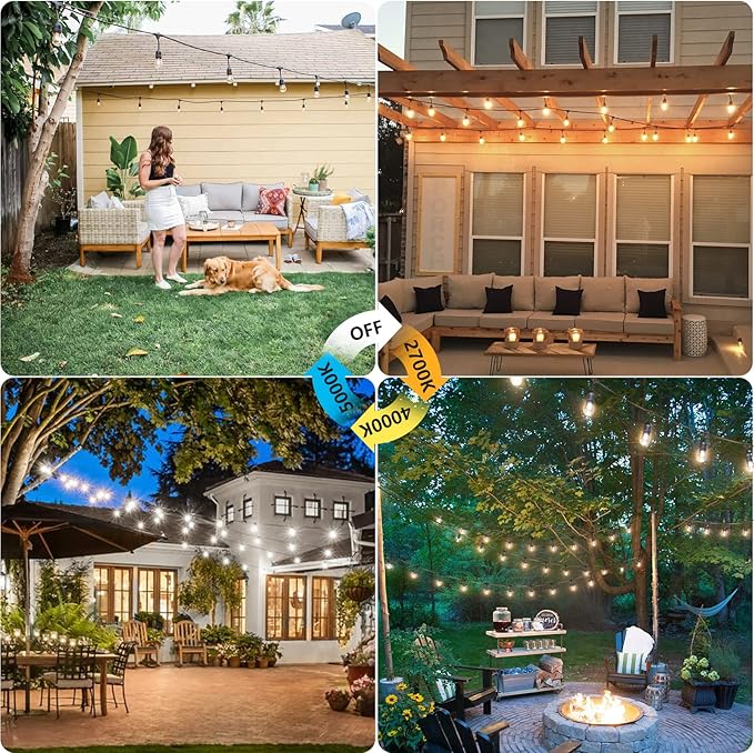 Mlambert 96Ft(2x48ft) 3-Color in 1 48Ft LED Dimmable Outdoor String Lights with Remote, Plug-in 2700K/4000K/5000K Waterproof Lights for Patio Cafe Mlambert
