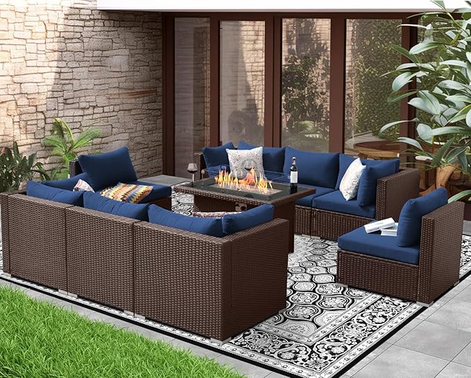 NICESOUL 9 Piece Patio Sectional Sofa Set with Fireplace Natural Gas/Propane, 29.3'' High Back Deep Seats Outdoor Conversation Couch, Extra-Large Wicker Furniture Sets, Brown Rattan and Blue Cushion NICESOUL