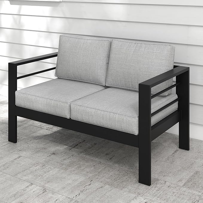 Kiss the Water Outdoor Patio Furniture Loveseat Sofa, All-Weather Metal Aluminum Patio Couch with 5" Thick and Soft Cushion and Wide Arm, Outdoor Couch for Balcony, Porch, Backyard KisstheWaterPatioTool