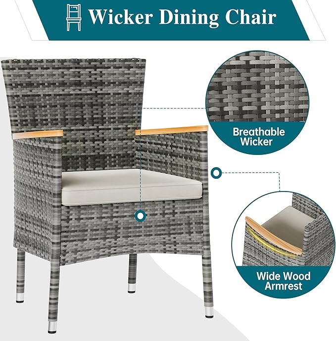 Shintenchi 7 Piece Patio Dining Set, Wicker Patio Conversation Set with Wooden Table Top, Outdoor Table and Chairs with Soft Cushions for Backyard, Deck and Garden, Grey Wicker Shintenchi