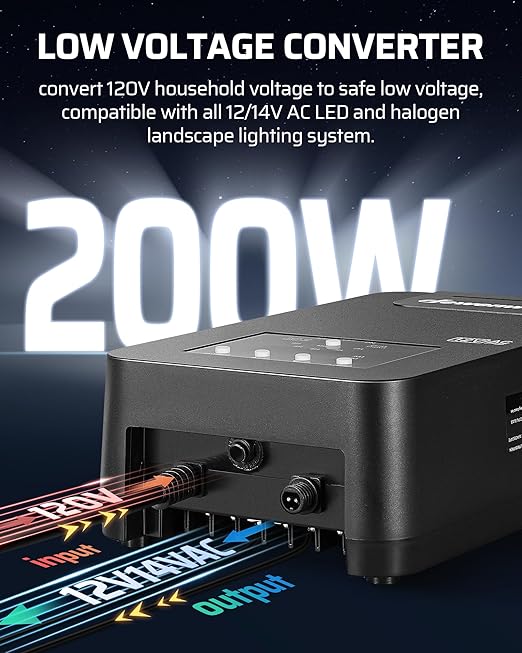 DEWENWILS 200W Low Voltage Landscape Transformer with Photocell Sensor & Timer, 120V AC to 12V/14V AC, Weatherproof Outdoor Landscape Lighting Transformer for Garden Lights, Spotlights, Steplights DEWENWILS