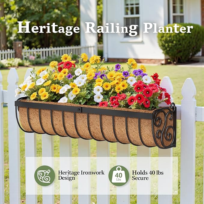 Railing Planter Boxes, 30 Inch Window Boxes Planters, Balcony Planters with Adjustable Brackets & Coco Liner & Support Rod for Outdoor Fence, Deck, Porch, and Patio Gardening, 2 Pack VOXOR