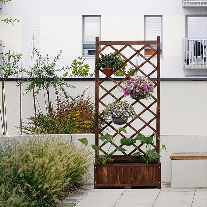 Anraja Raised Garden Bed with Trellis Wooden Planter Box Outdoor Wood Privacy Screen for Climbing Plant Planting Flower Patio Tomato Vegetable Herb Balcony Porch 29.5" L x 17.0" W x 67.0" H Anraja
