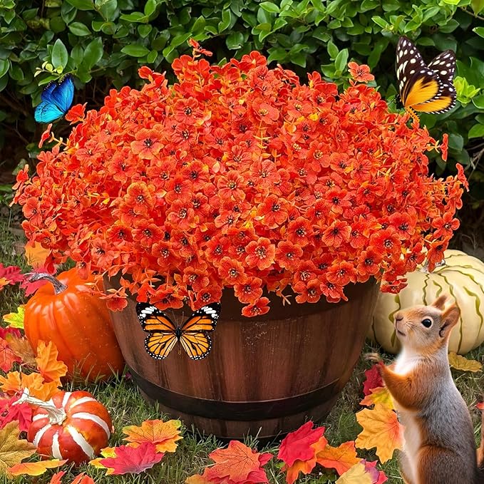 Artificial Fall Flowers Faux Mums for Outdoor Planters,Orange Red 16 Bundles Silk Fake Plants UV Resistant for Outside,Autumn Decorations for Porch,Pot,Window Boxes,Front Yard,Thanksgiving Home Decor JAKY-Global