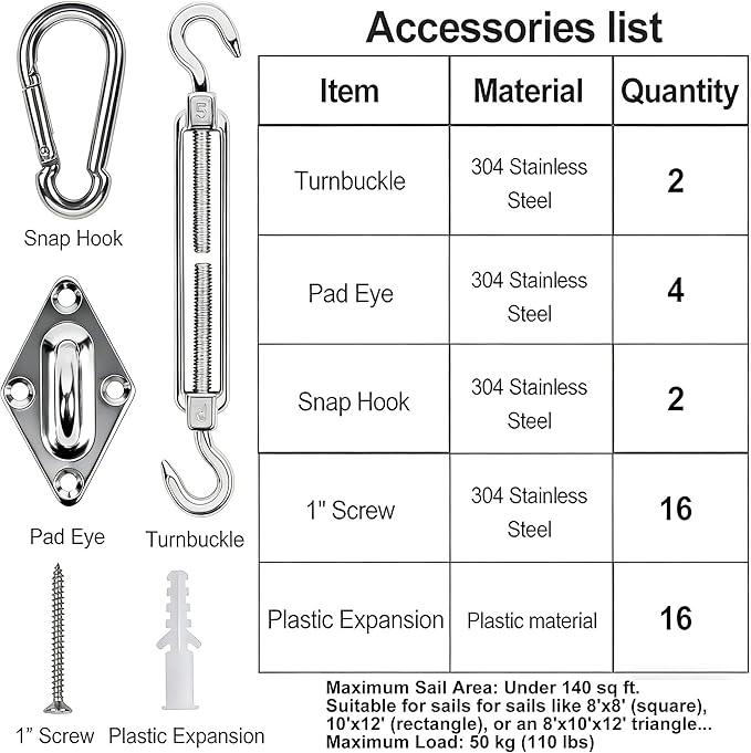 YOFIT 40 Pcs Shade Sail Hardware Kit, 5 Inch Outdoor Sun Sail Accessories, 304 Stainless Steel Turnbuckles & Brackets for Triangle/Rectangle Sails, Patio Canopy Installation Hardware Set Waterproof yofit