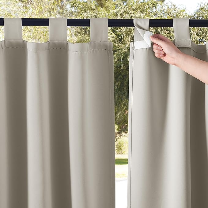 NICETOWN 2 Panels Natural Outdoor Patio Curtainss Waterproof, Detachable Sticky Tab Top Thermal Insulated Privacy Indoor Outdoor Drapes Cold & Heat Block Room Darkening for Pergola, W52 x L95 NICETOWN