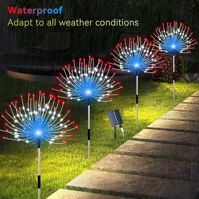 Solar Garden Lights Outdoor, 4 Pack Total 480 LED Solar Firework Lights Decorative 4th of July Decoration, Outdoor Waterproof Lights for Outside Yard Garden Pathway Decor Slyuexu