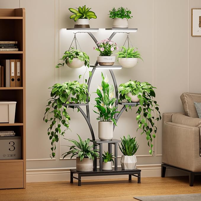 Plant Stand Indoor with Grow Lights - 7 Tiered Metal Corner Shelf for Multiple Plants, 63" Corner Plant Stand for Indoor Plants, X-Shaped Plant Rack for Home, Living Room, Office & Patio Decor Rootora