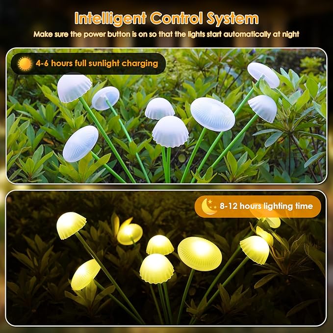 KAQ 4PK 32LED Solar Garden Lights Outdoor Waterproof | Solar Mushroom Lights for Outside Sway by Wind Firefly Fairy Light for Patio Pathway Garden Bush Yard Decorations (Warm White) KAQ