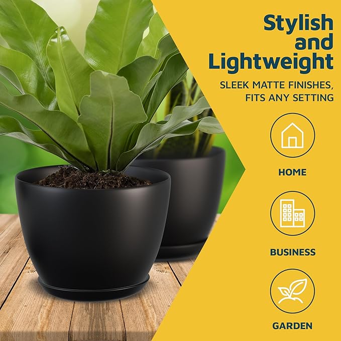 Black Plant Pots with Drainage Holes & Saucers 15 Pack, Indoor & Outdoor Stackable Space-Saving Planters for Houseplants & Flowers, (7", 6.7", 6", 5.3", and 4.8" Inches), Durable & Weatherproof LIFEMASTER
