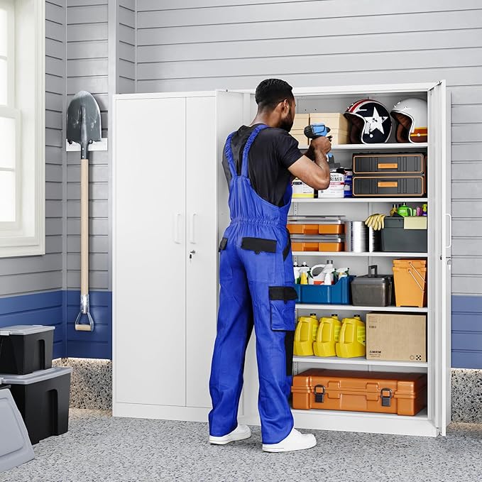 Yizosh Metal Garage Storage Cabinet with 2 Doors and 5 Adjustable Shelves - 71" Steel Lockable File Cabinet,Locking Tool Cabinets for Office,Home,Garage,Gym,School (White) Yizosh