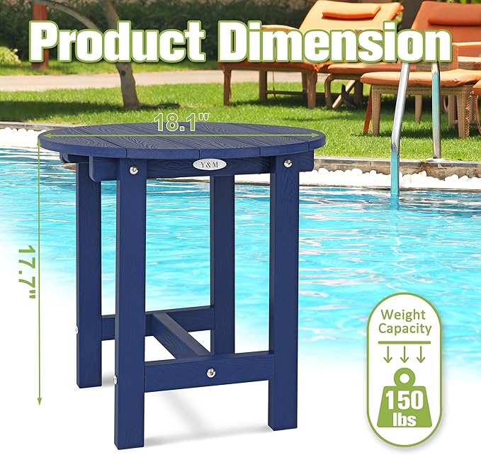 Y&M Outdoor Side Table, Waterproof Four-Legged Round Entryway End Table, Single-Tier HDPE Modern Small Coffee Nightstand for Bedroom, Living Room, Patio, Indoor or Outdoor Use, Navy Blue YM