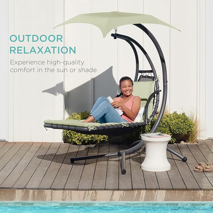 Best Choice Products Outdoor Hanging Curved Steel Chaise Lounge Chair Swing w/Built-in Pillow and Removable Canopy - Sage BestChoiceProducts