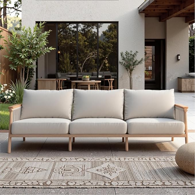 Acanva Modern All-Weather Aluminum Outdoor Patio Sofa with Thick Cushions, Olefin Fabric Sunroom Backyard Furniture, Couch Light Khaki acanva