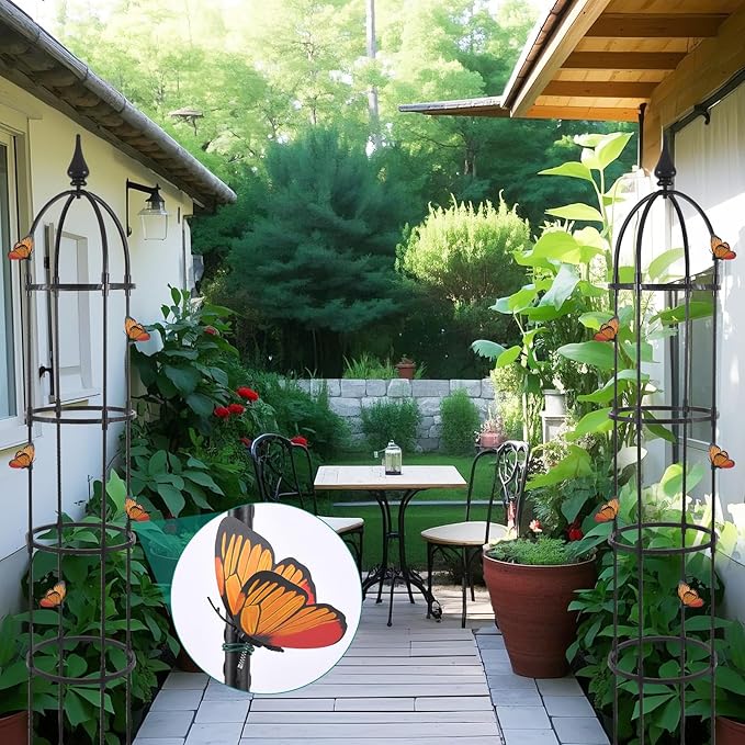Obelisk Trellis for Climbing Plants Outdoor 6.6ft, Garden Tower Trellis for Potted Plants Indoor with Twist Tie, Clips and Butterflies Rustproof Coated Metal Support for Vines Rose 2Pack WellSign