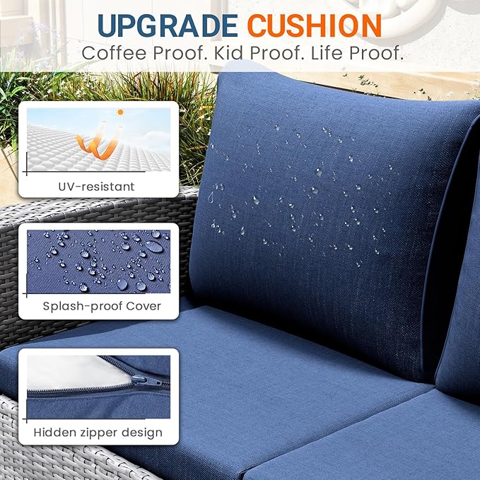 Wisteria Lane 4 Piece Patio Furniture Set, Wicker Outdoor Patio Conversation Furniture Set, All Weather Outdoor Patio Sofa with Cushion and Glass Table, Blue WisteriaLane