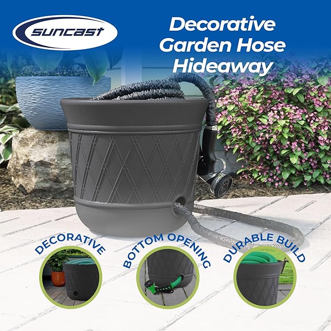 Suncast Lattice Hose Pot for Outdoor Garden Storage, Peppercorn - Holds 300 ft Expandable or 50 ft Standard 5/8" Vinyl Hoses, Resin Hideaway Organizer with Drainage and Water Supply Port Suncast