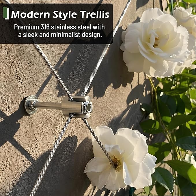 Wire Trellis for Climbing Plants Outdoor, 12-Set Wall Wire Trellis Kit with 1/8in x 53ft Stainless Steel Cable, T316 Espalier System for Fence and Garden DIY Projects Acemaker