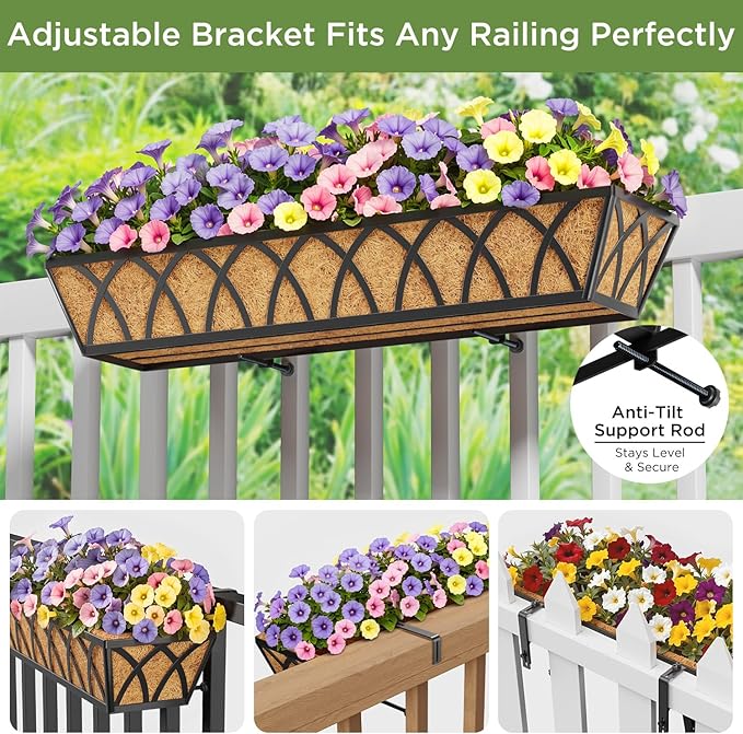 Y&M 30 Inch Window Deck with Coco Liner, Fence Metal Hanging Flower Planter Basket Deck Railing Planter Boxes for Outdoor Garden Lawn, 24" Window Boxes Horse Trough with Coconut Coir Liner,2pcs YM