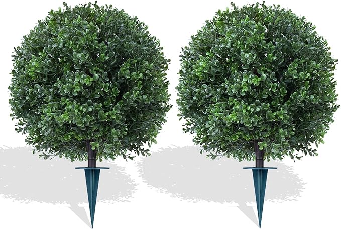 Artificial Boxwood Topiary Trees with Ground Spike,2 Pieces Fake Pine Shrubs Bushes, UV Resistant Faux Evergreen Cypress Tree Plants for Indoor Outdoor Planters Front Porch FEELTHENEWWORLD