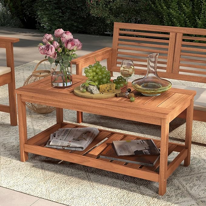 Tangkula Wood Outdoor Coffee Table, 2-Tier Patio Coffee Table with Slatted Hardwood Tabletop & Storage Shelf, Rectangle Wood Table for Deck, Garden, Balcony, Indoor or Outdoor Use (Natural) TANGKULA
