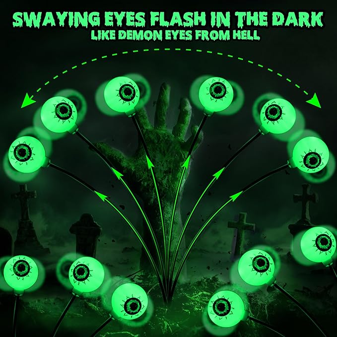 BrizLabs 4 Pack 24 LED Halloween Solar Lights, 2 Modes Outdoor Halloween Eyeball Pathway Lights, Solar Spooky Walkway Light Waterproof, Green Swaying Firefly Lighting for Path Yard Garden Lawn BrizLabs