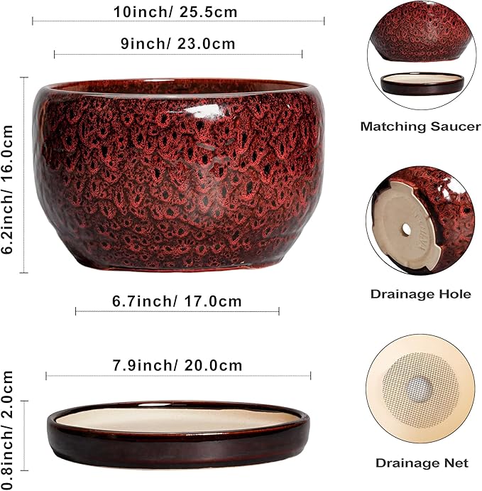 SQOWL Ceramic Flower Pots - 10 Inch Plant Pot Indoor, Ceramic Planter with Drainage Hole and Saucer, Round Decorative Large Planter Outdoor, Home Decor Living Room, Gifts for Plant Lovers, Red SQOWL