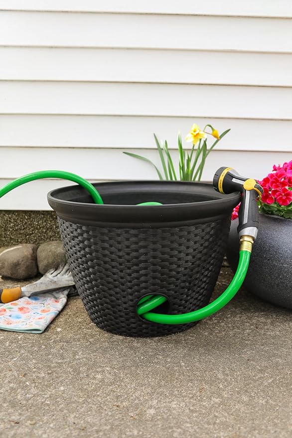 The HC Companies 18 inch Woven Garden Hose Holder, Lightweight UV-Resistant Plastic Water Hose Holder with 100-Foot Capacity, 2-Pack Water Hose Pots for Garden, Patio & Home Organization, Black TheHCCompanies