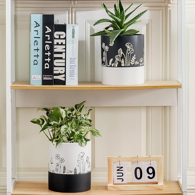 Nihow Self Watering Plant Pot: 6 Inch Ceramic Planter with Drainage Hole & Water Storage Plus for Indoor & Outdoor Plants - Cylinder Round Flower Pot for Succulent/Herbs/Violets -White Nihow