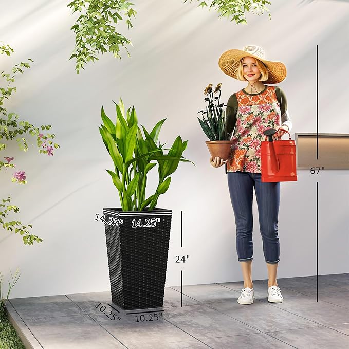 Outsunny Tall Planters for Outdoor Plants Set of 3, 24 in Taper Planters with Drainage Holes, Rattan Decor Plant Pots for Indoor Outdoor Front Porch Patio Backyard, Black Outsunny