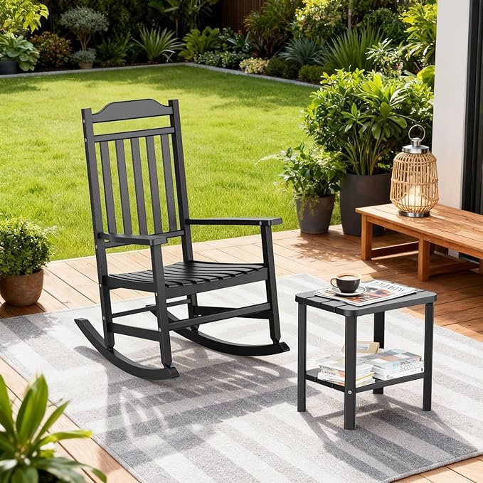 3 Piece Outdoor Rocking Bistro Set, Rocking Chairs Outdoor Furniture, Resin Waterproof Sun-Proof Patio Furniture Set for Garden, Pool, Backyard（3, Black） GYMHILL