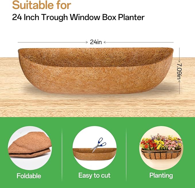 ZeeDix 24 Inch Trough Coconut Liners for Planters (2-Pack) - 100% Natural Coconut Coir Fiber Planter Liners Replacement for Window Boxes, Wall Baskets, Deck Flower Boxes, Garden Railing Fence Troughs ZeeDix