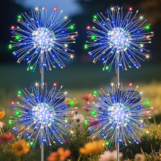 Garden Outdoor Lights, 4 Pack 120 LED Solar Garden Lights Fairy Lights Outdoor Waterproof Decorative Solar Firework Lights for Yard Patio Pathway Flowerbed Party Wedding Decor, Multicolor Slyuexu