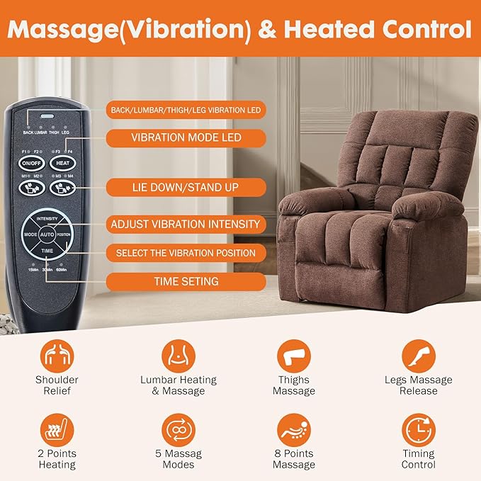 Sweetcrispy Power Lift Recliner Chair with Vibration Massage and Heat for Adults, Ergonomic Overstuffed Breathable Fabric Reclining Chair with Side Pockets, Remote Control, Living Room, Bedroom, Brown Sweetcrispy