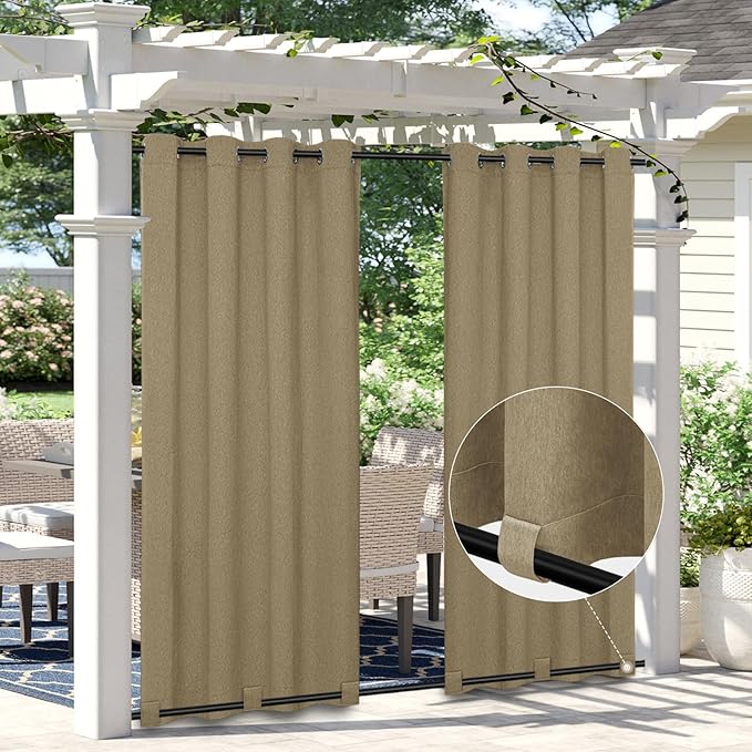Easy-Going Linen Look Outdoor Curtains Waterproof Windproof Porch Curtains, Soft Thicken Outdoor Privacy Curtains for Patio, Gazebo, Grommet Top and Tab Bottom Drape, 1 Panel, 54x84 inch, Khaki Easy-Going